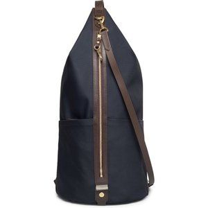 NWT MISMO CARPET BAG NAVY BLUE & BROWN LEATHER